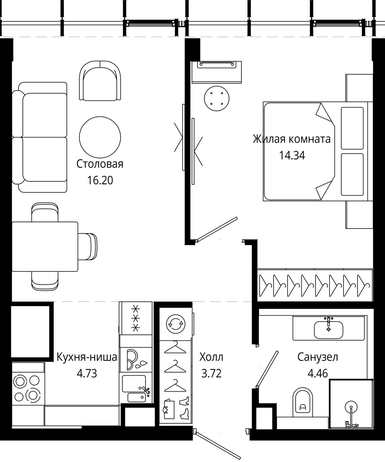 1-комнатная квартира, 43,9 м²
