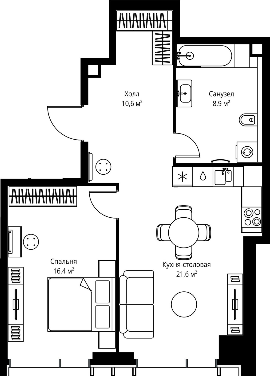 1-комнатная квартира, 57,5 м²