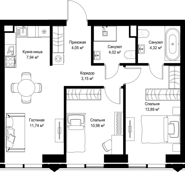 2-комнатная квартира, 60,1 м²