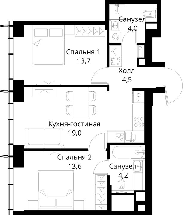 2-комнатная квартира, 59 м² — фото 1