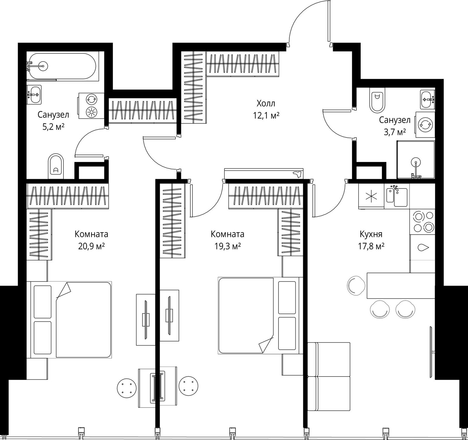 2-комнатная квартира, 79 м²