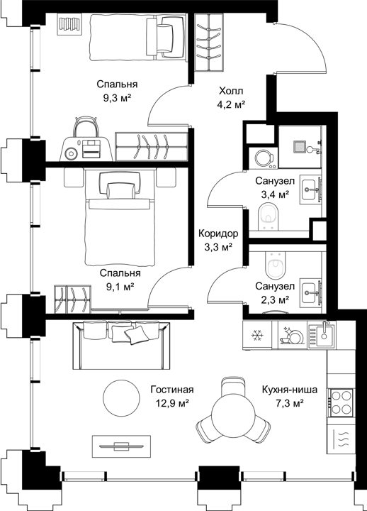 2-комнатная квартира, 51,8 м²
