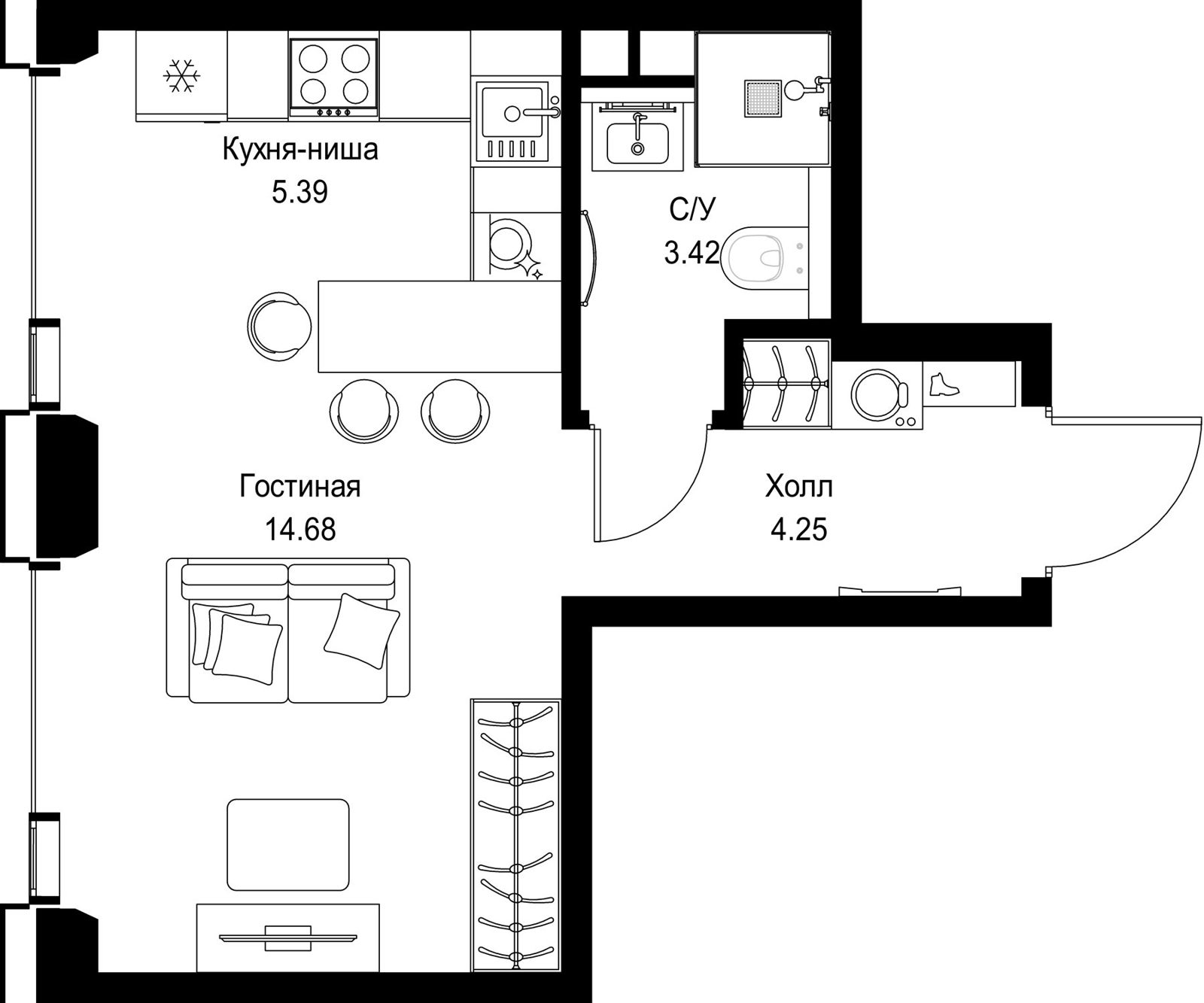 Квартира-студия, 27,7 м²