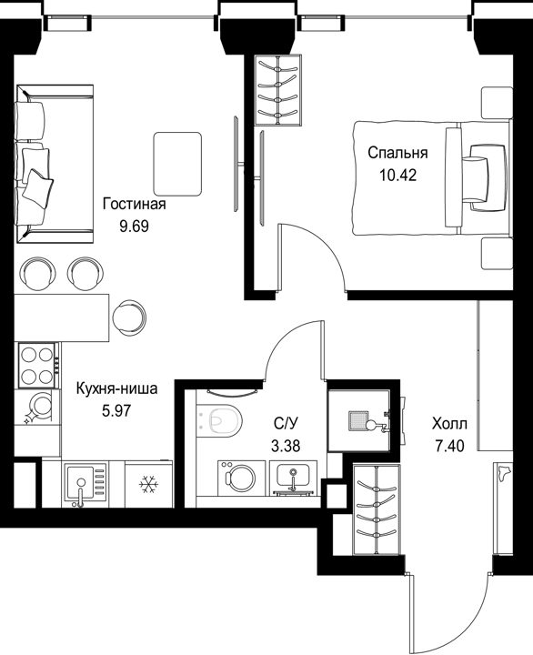 1-комнатная квартира, 36,9 м²