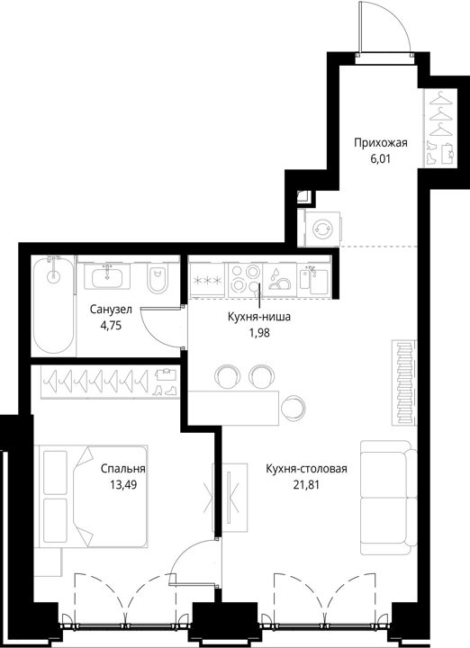 1-комнатная квартира, 48 м² — фото 1