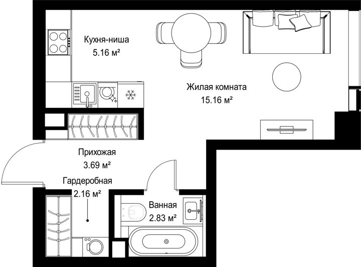 Квартира-студия, 29 м²