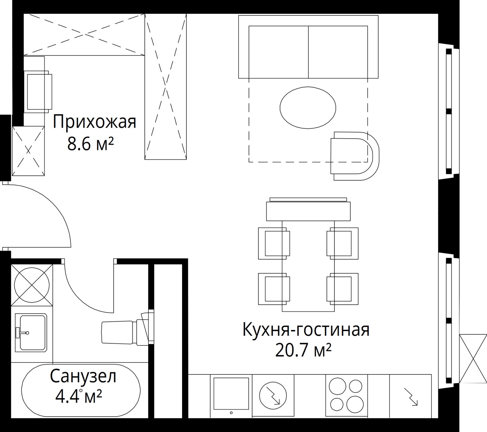 Квартира-студия, 33,7 м²