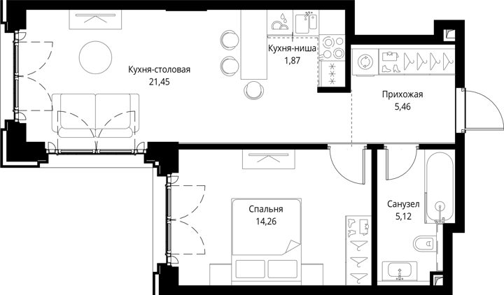 1-комнатная квартира, 48,2 м² — фото 1