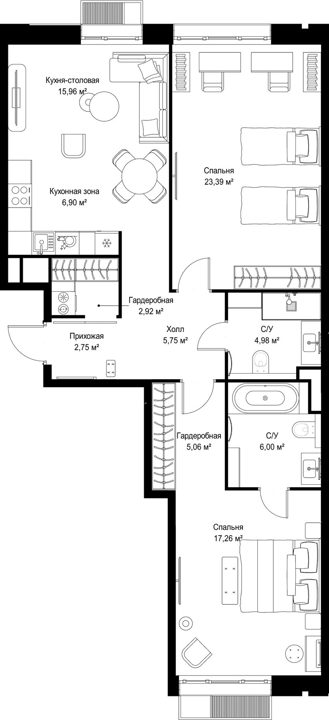 2-комнатная квартира, 91 м² — фото 1