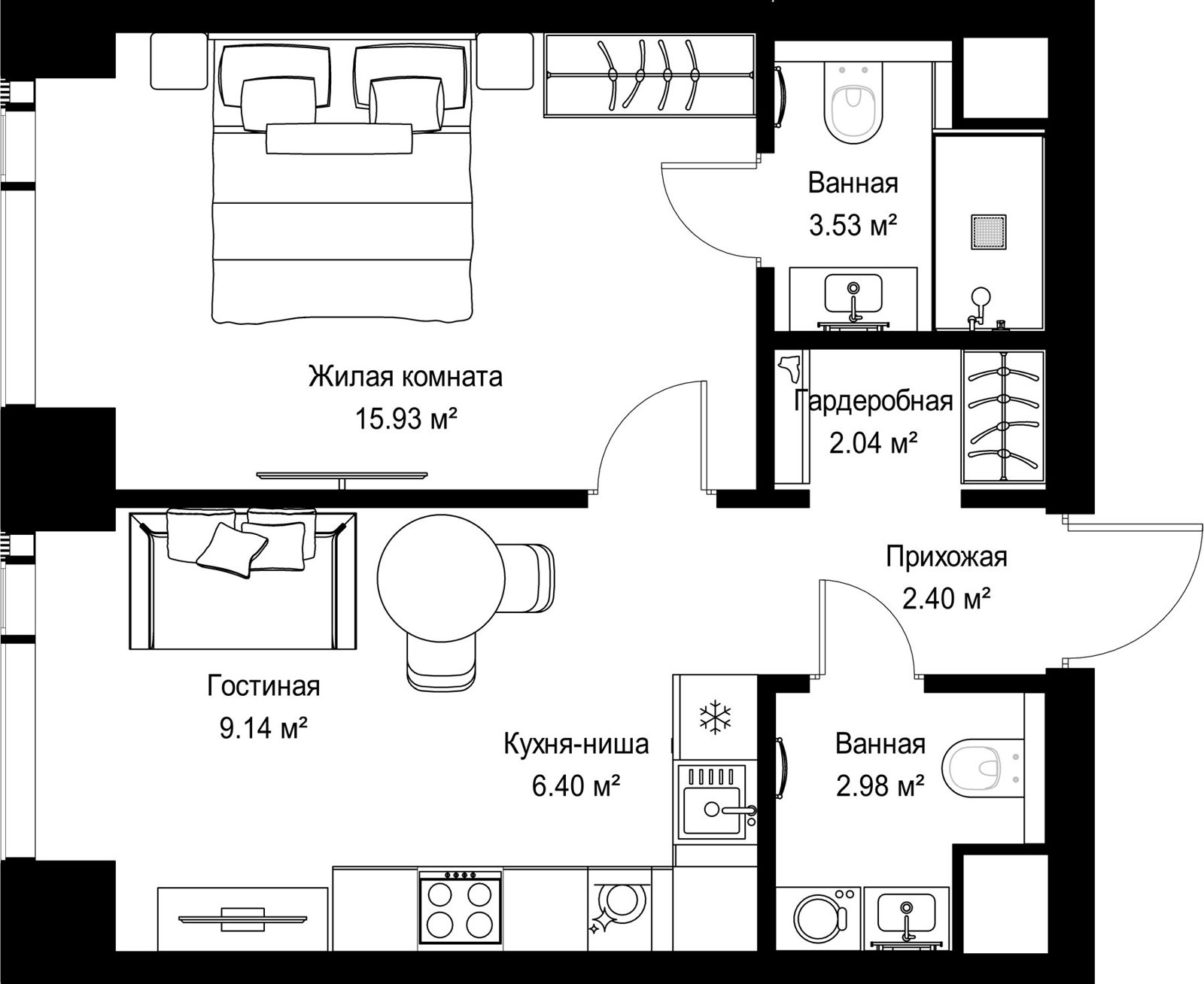 1-комнатная квартира, 42,4 м²