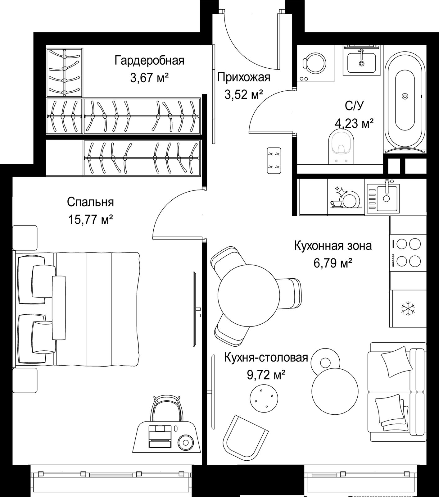 1-комнатная квартира, 43,7 м²