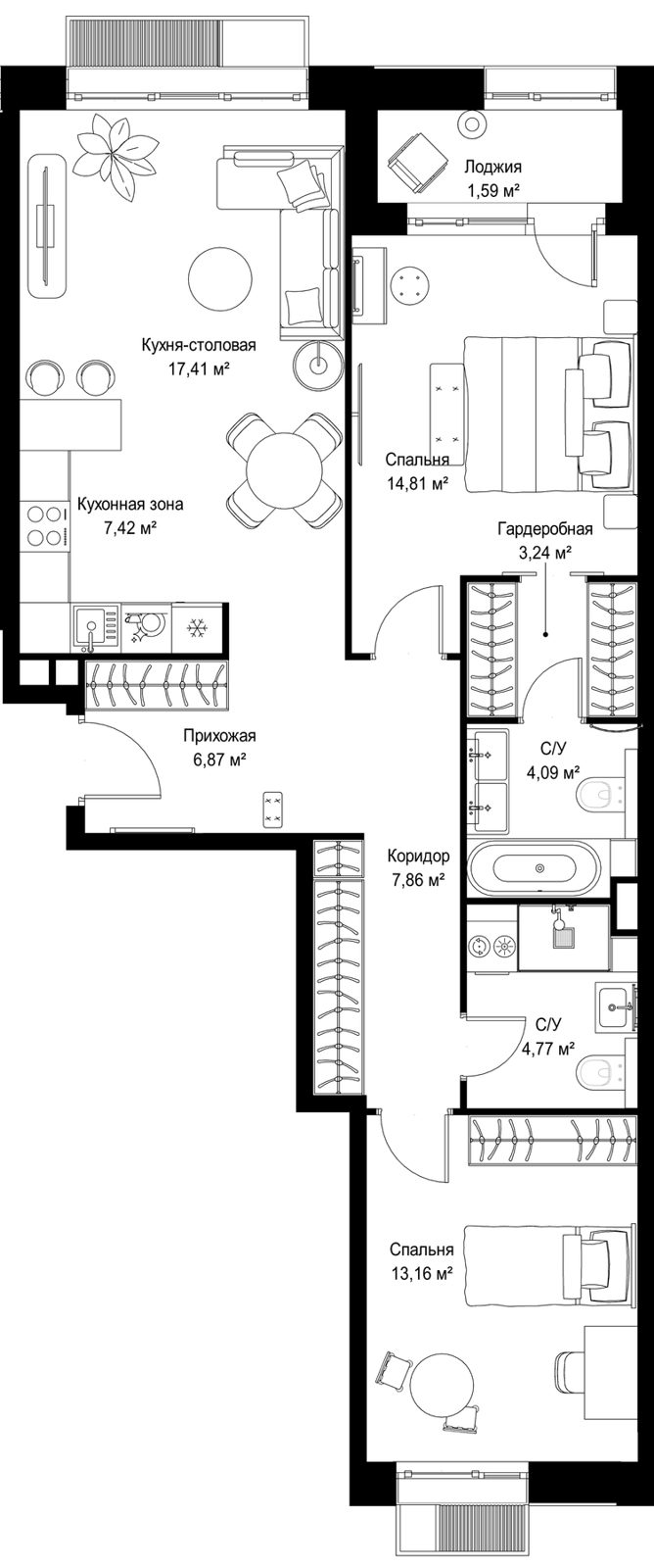 2-комнатная квартира, 81,2 м²