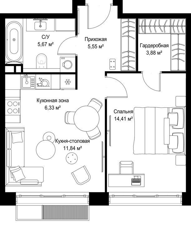 1-комнатная квартира, 47,7 м² — фото 1