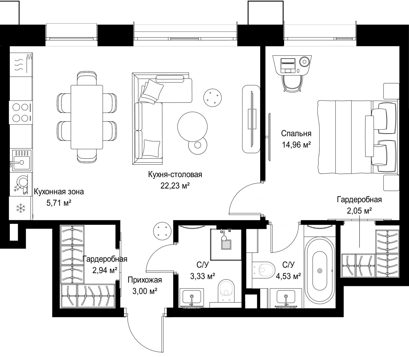 1-комнатная квартира, 58,8 м²