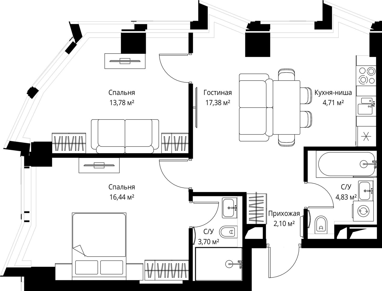 2-комнатная квартира, 66 м²