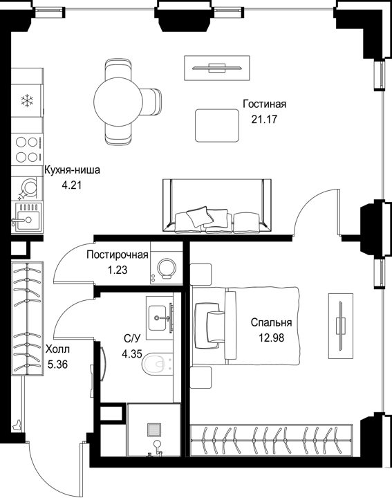 1-комнатная квартира, 49,3 м²