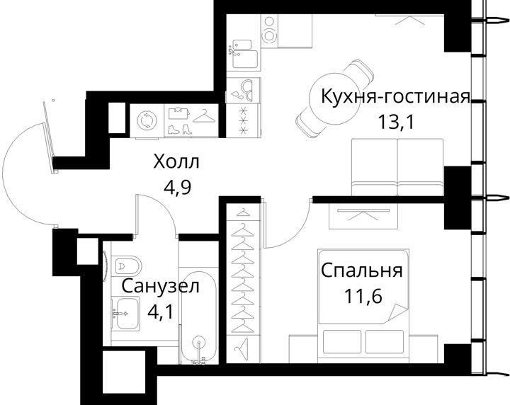 1-комнатная квартира, 33,7 м² — фото 1