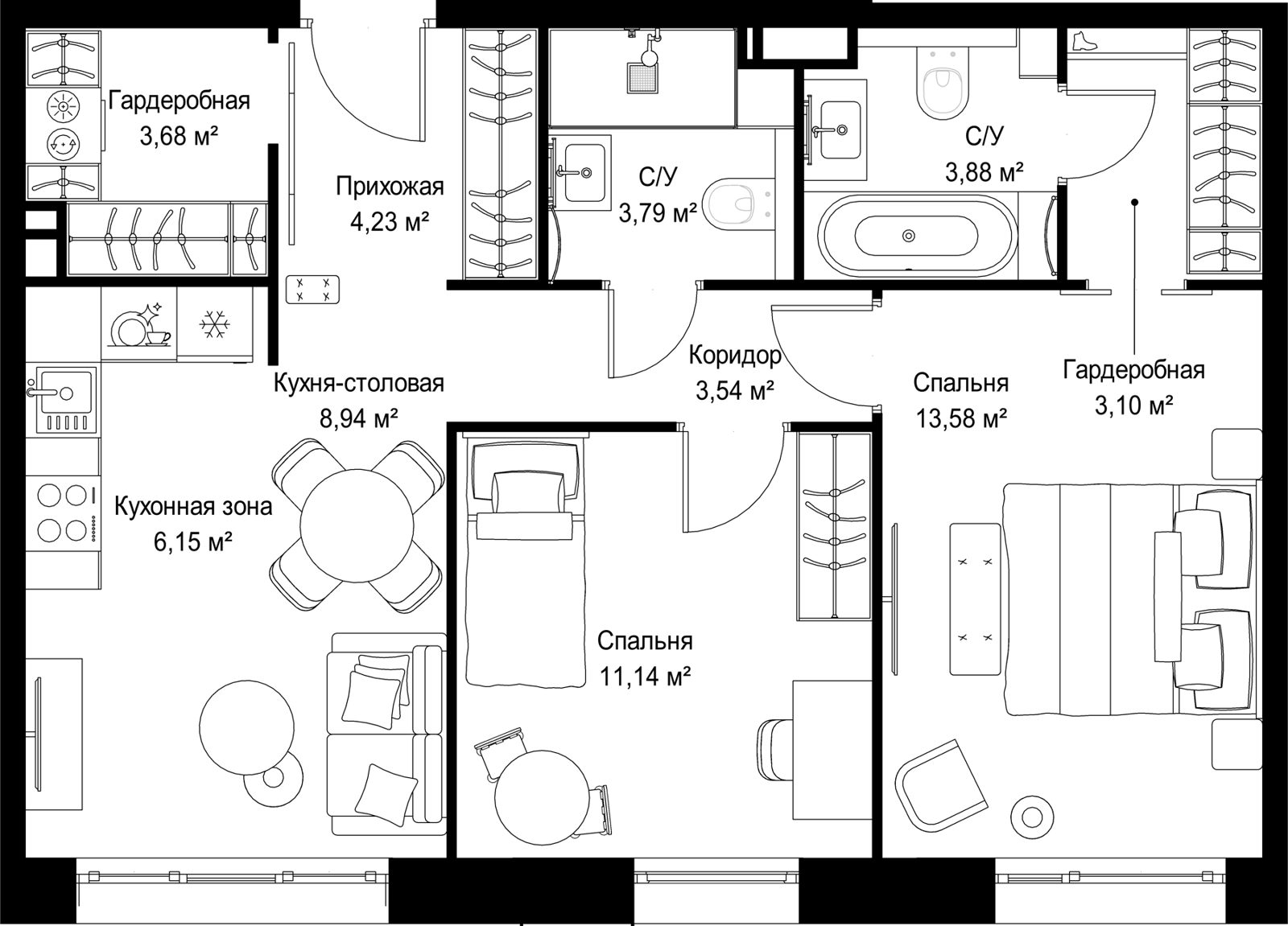 2-комнатная квартира, 62 м²