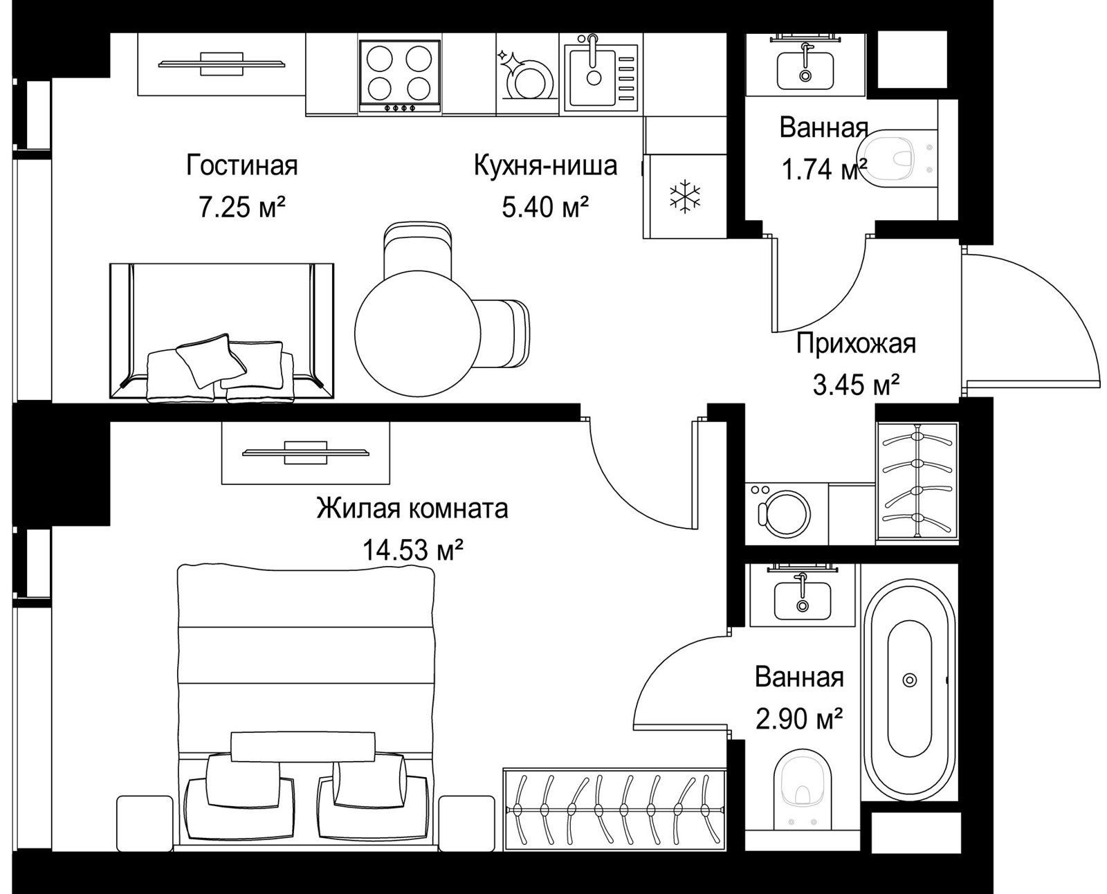 1-комнатная квартира, 35,3 м²