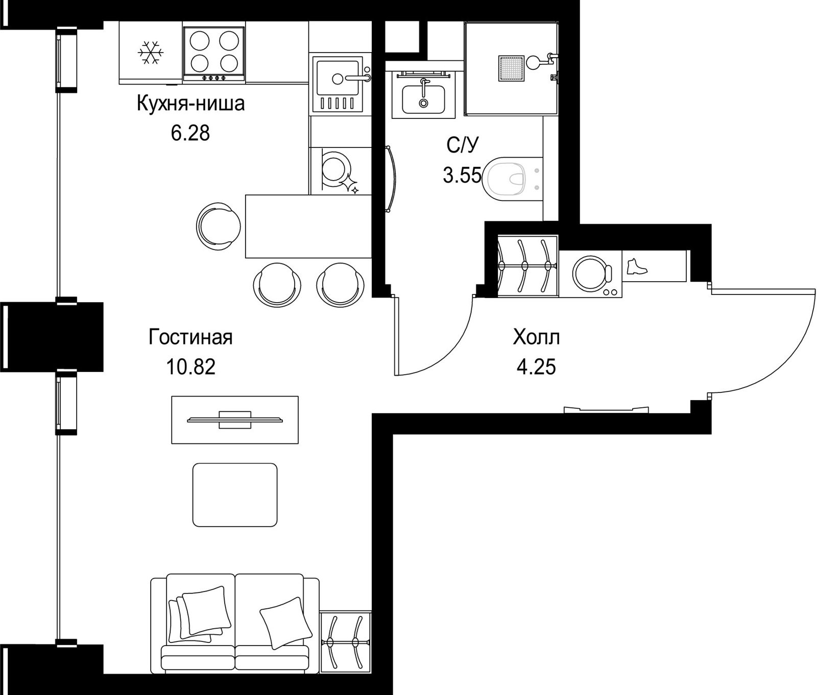 Квартира-студия, 24,9 м²