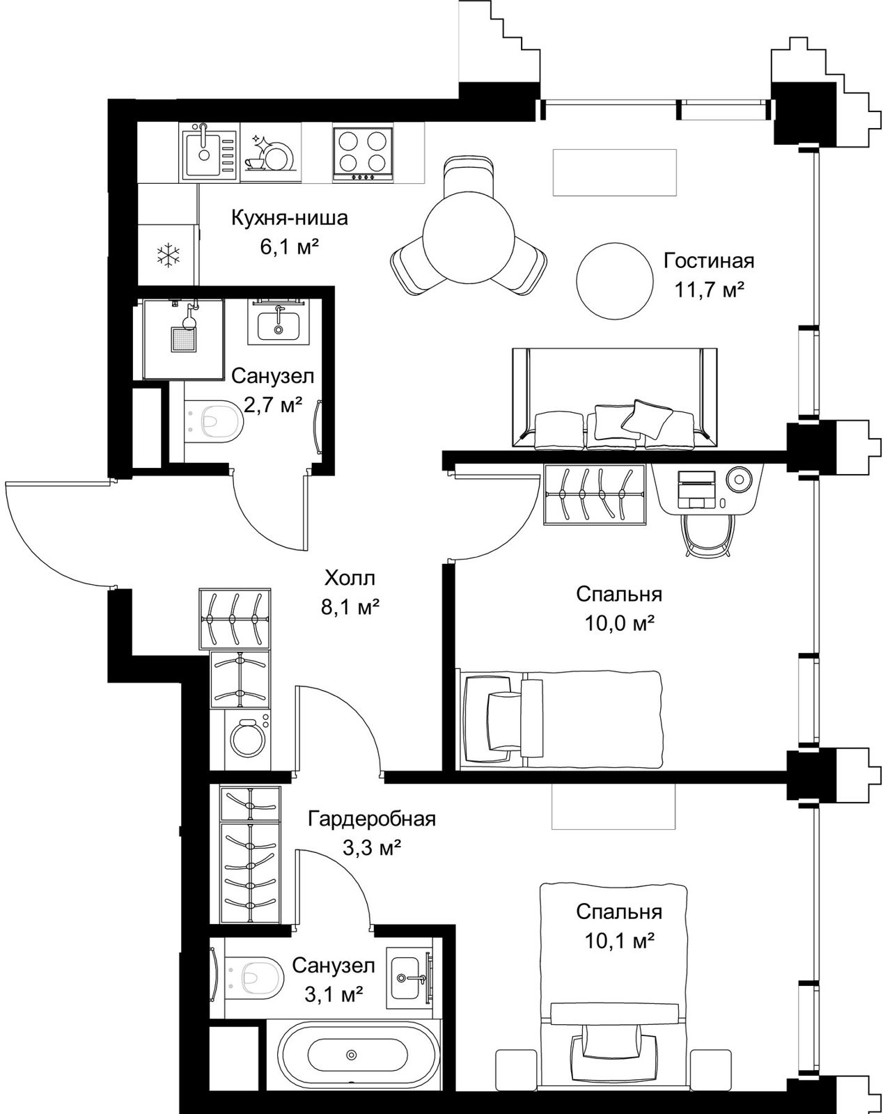 2-комнатная квартира, 55,1 м²
