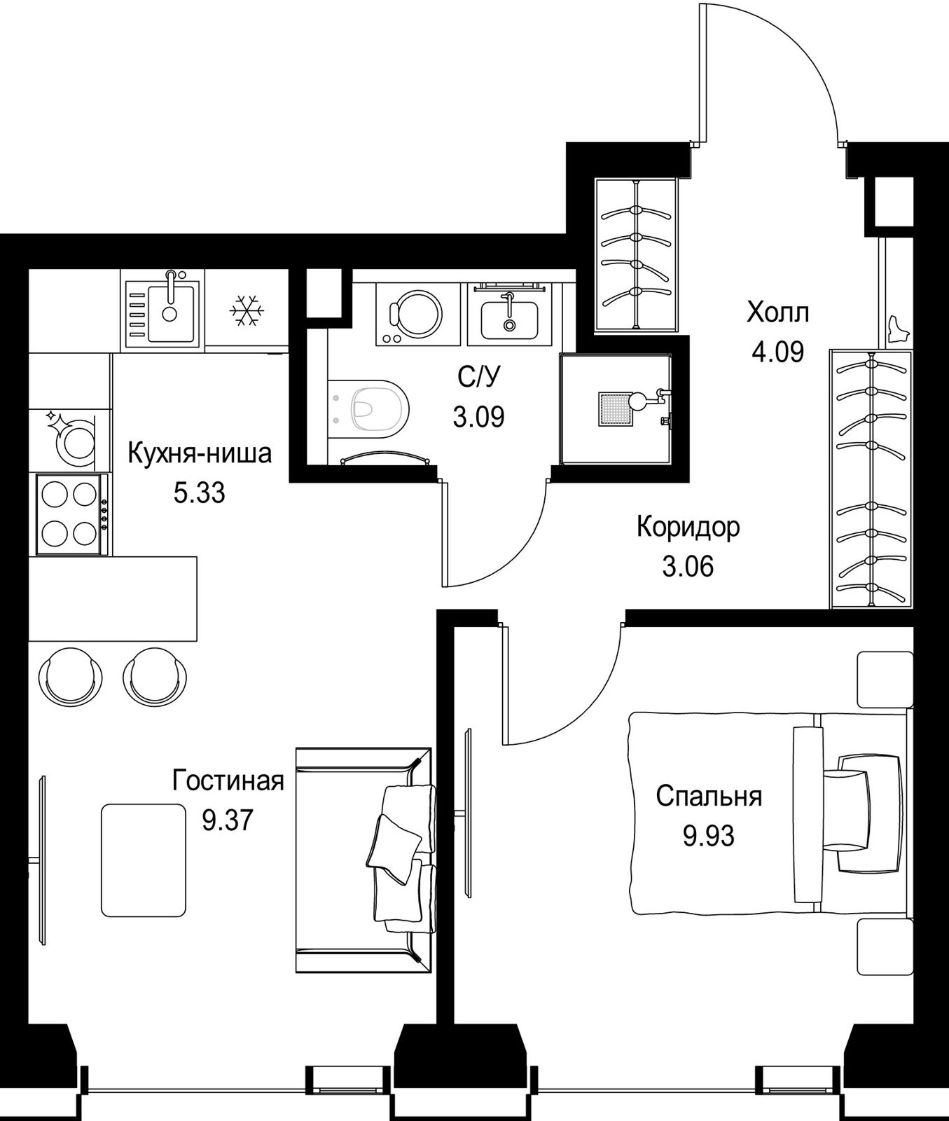 1-комнатная квартира, 34,9 м²