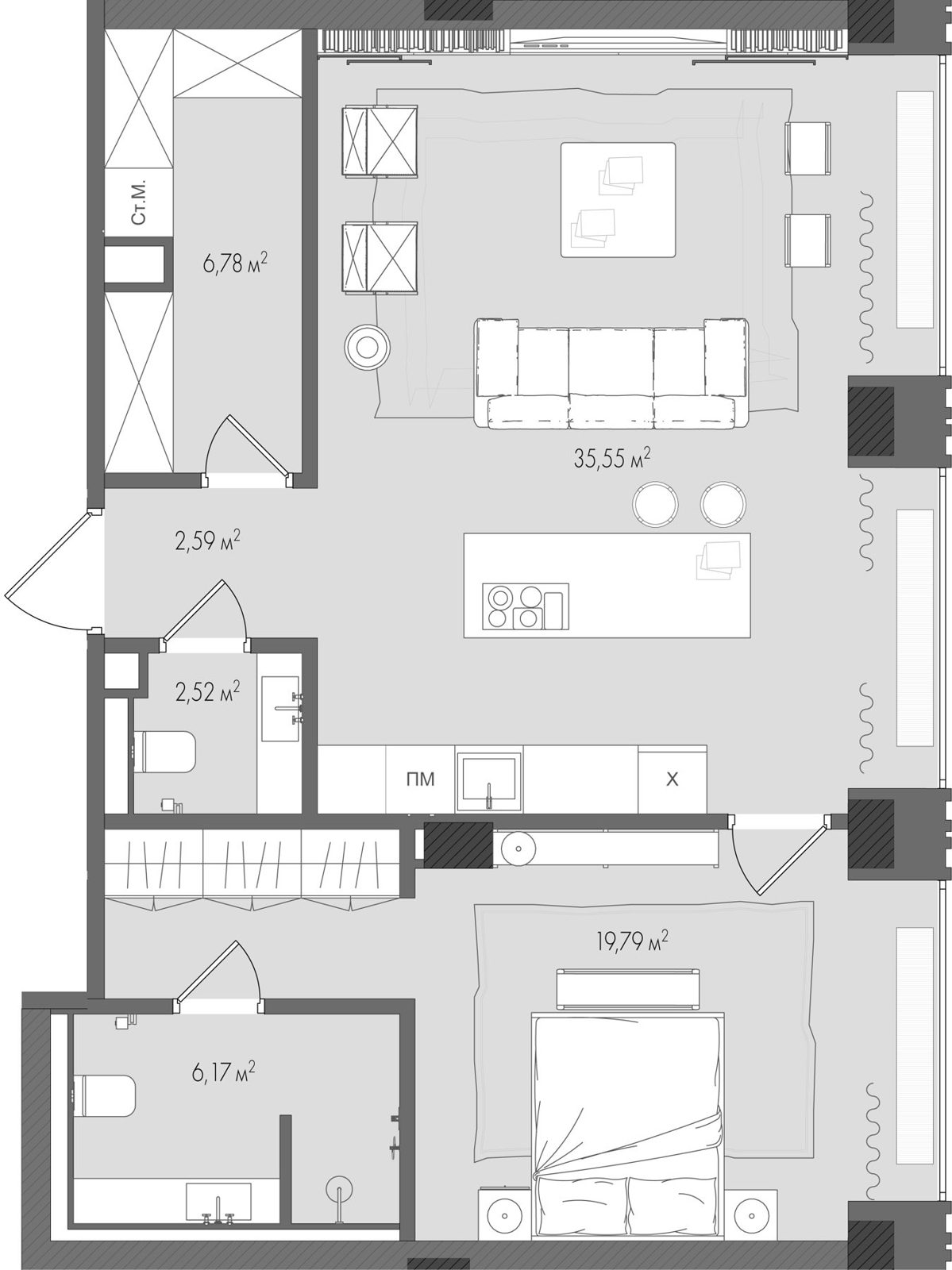 1-комнатная квартира, 73,4 м²