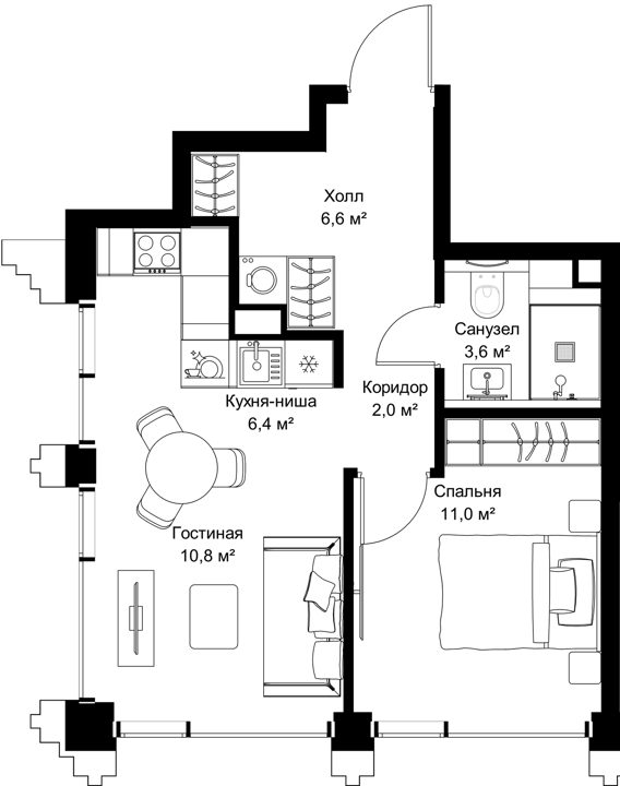 1-комнатная квартира, 40,4 м²