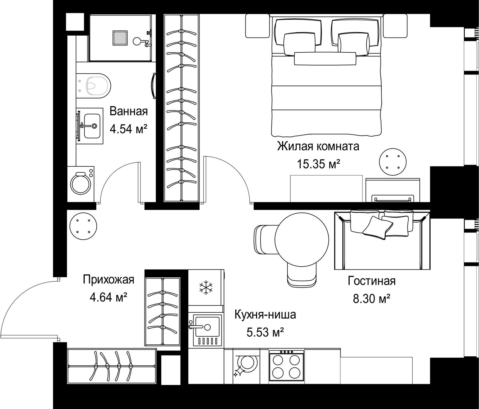 1-комнатная квартира, 38,4 м²
