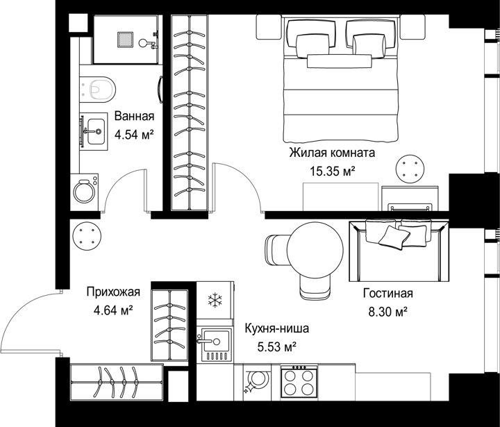 1-комнатная квартира, 38,4 м²
