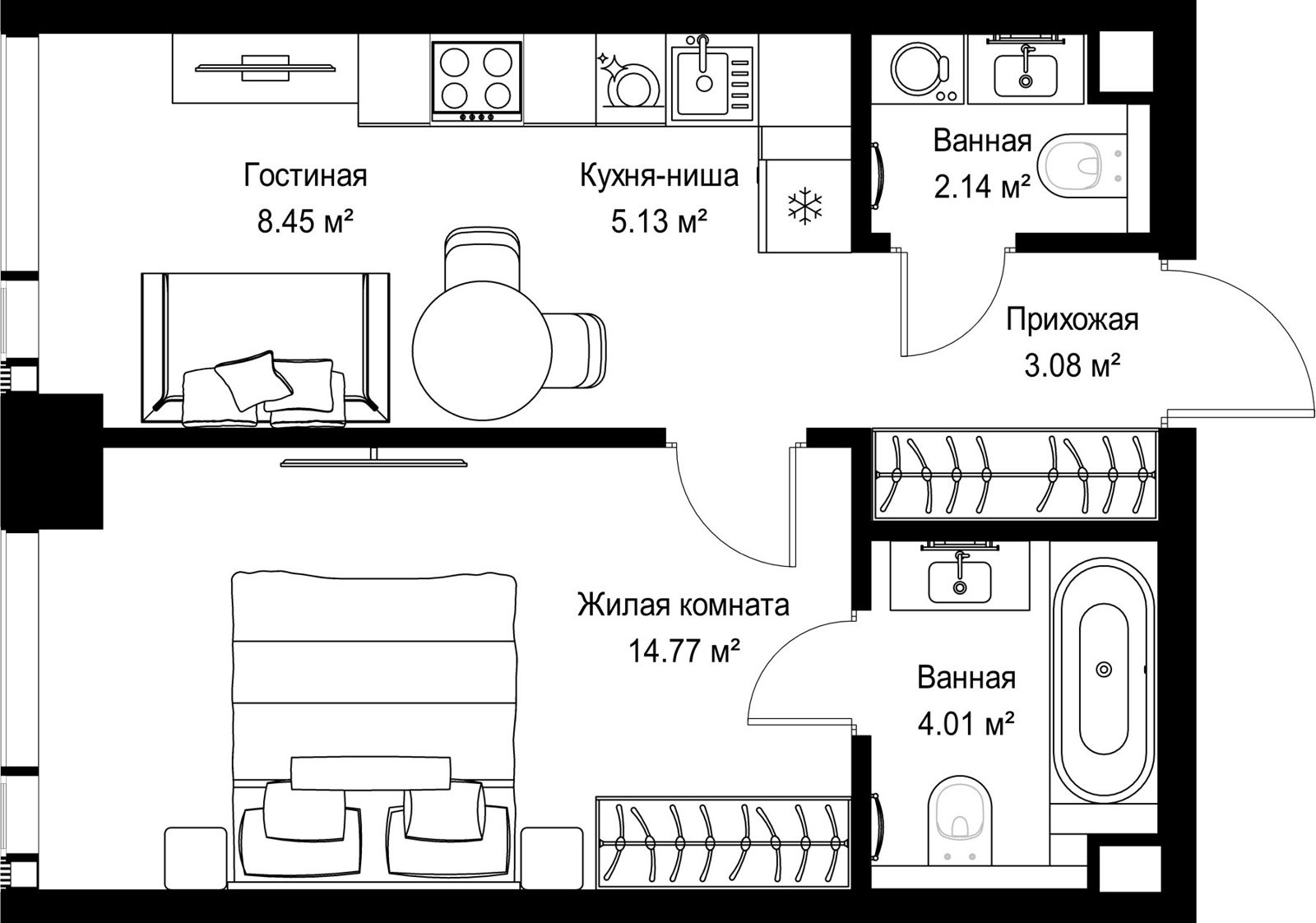 1-комнатная квартира, 37,6 м²