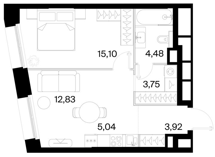 1-комнатная квартира, 45,1 м² — фото 1