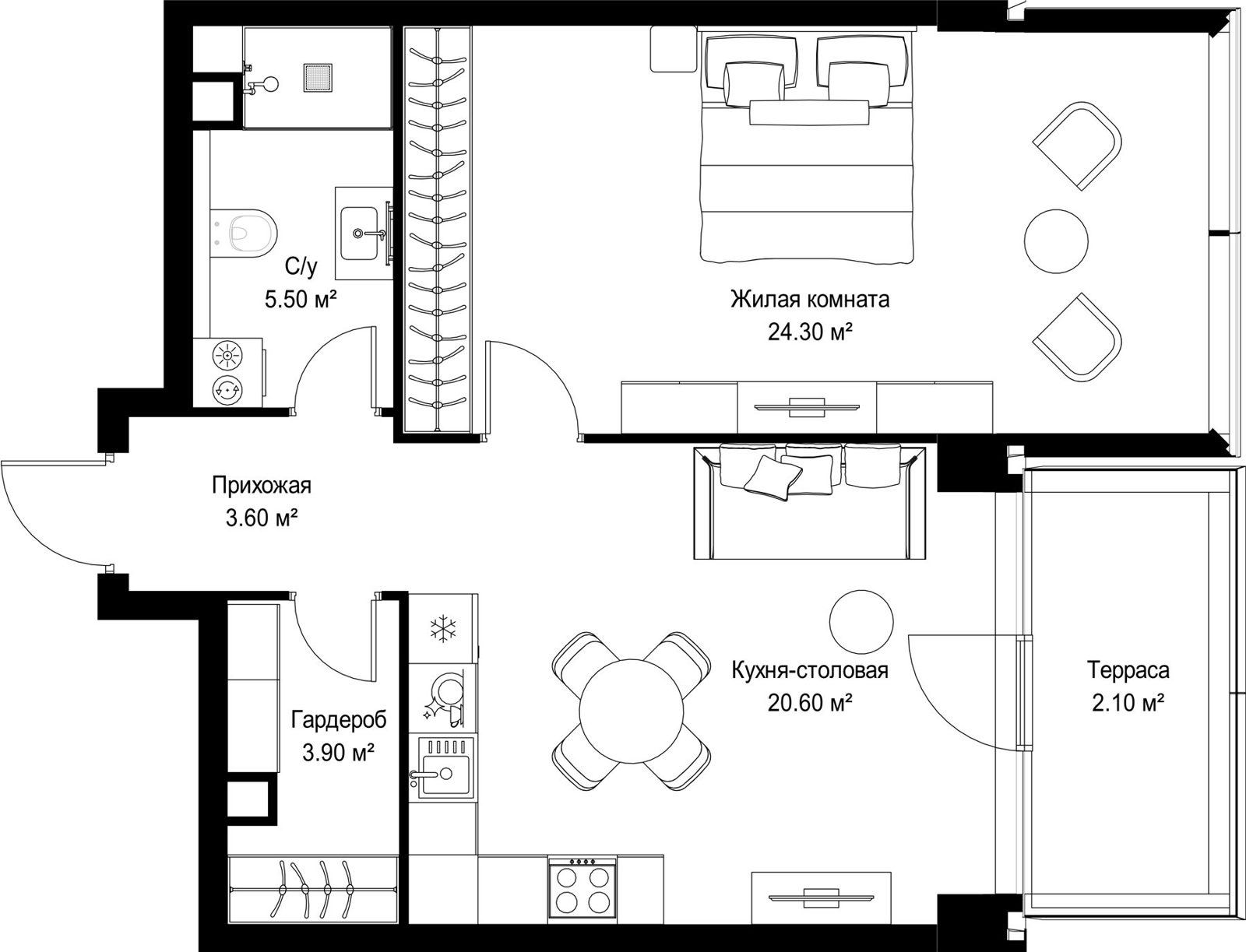 1-комнатная квартира, 60 м²
