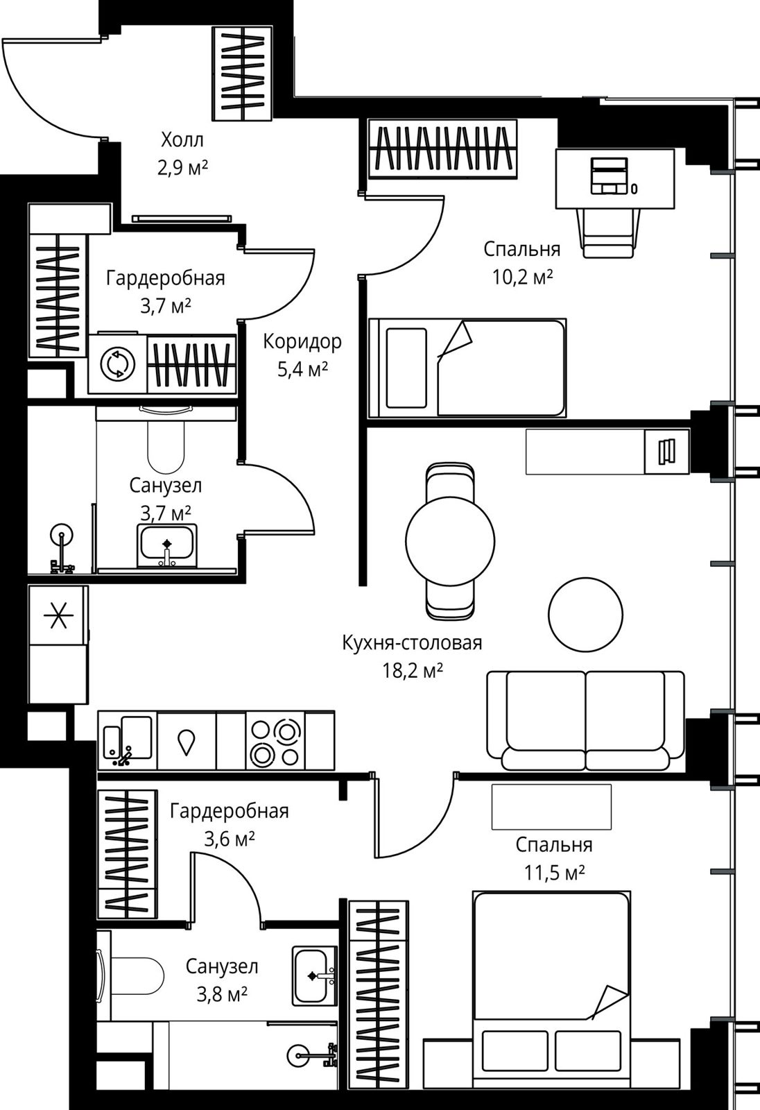 2-комнатная квартира, 63 м²