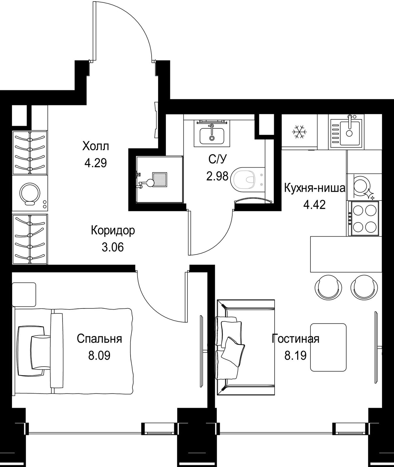 1-комнатная квартира, 31,1 м²