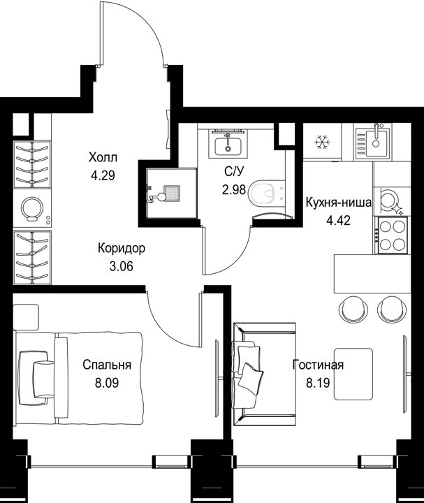 1-комнатная квартира, 31,1 м²