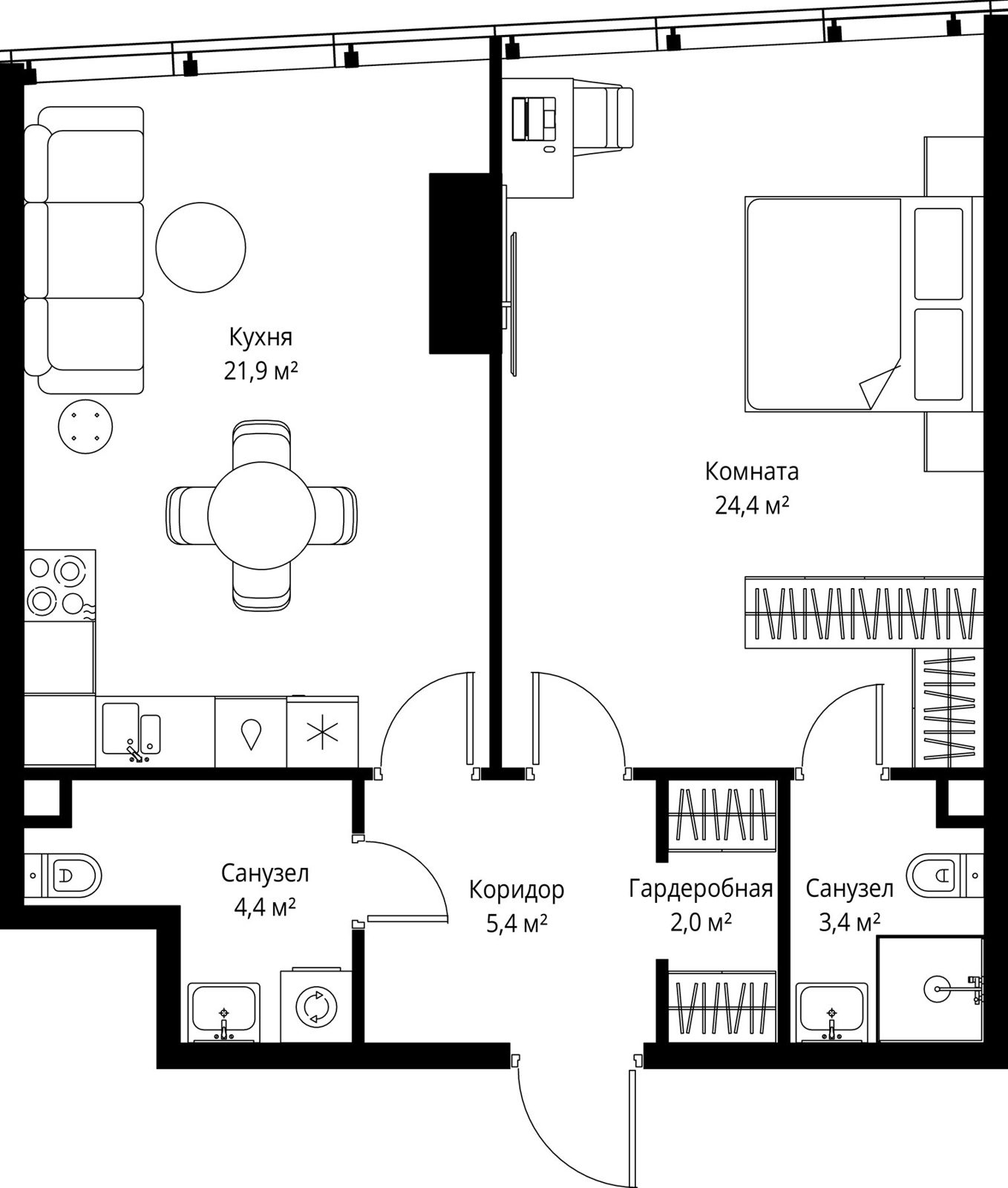 1-комнатная квартира, 61,5 м²