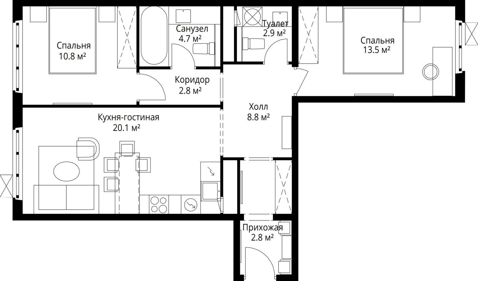 2-комнатная квартира, 66,4 м²