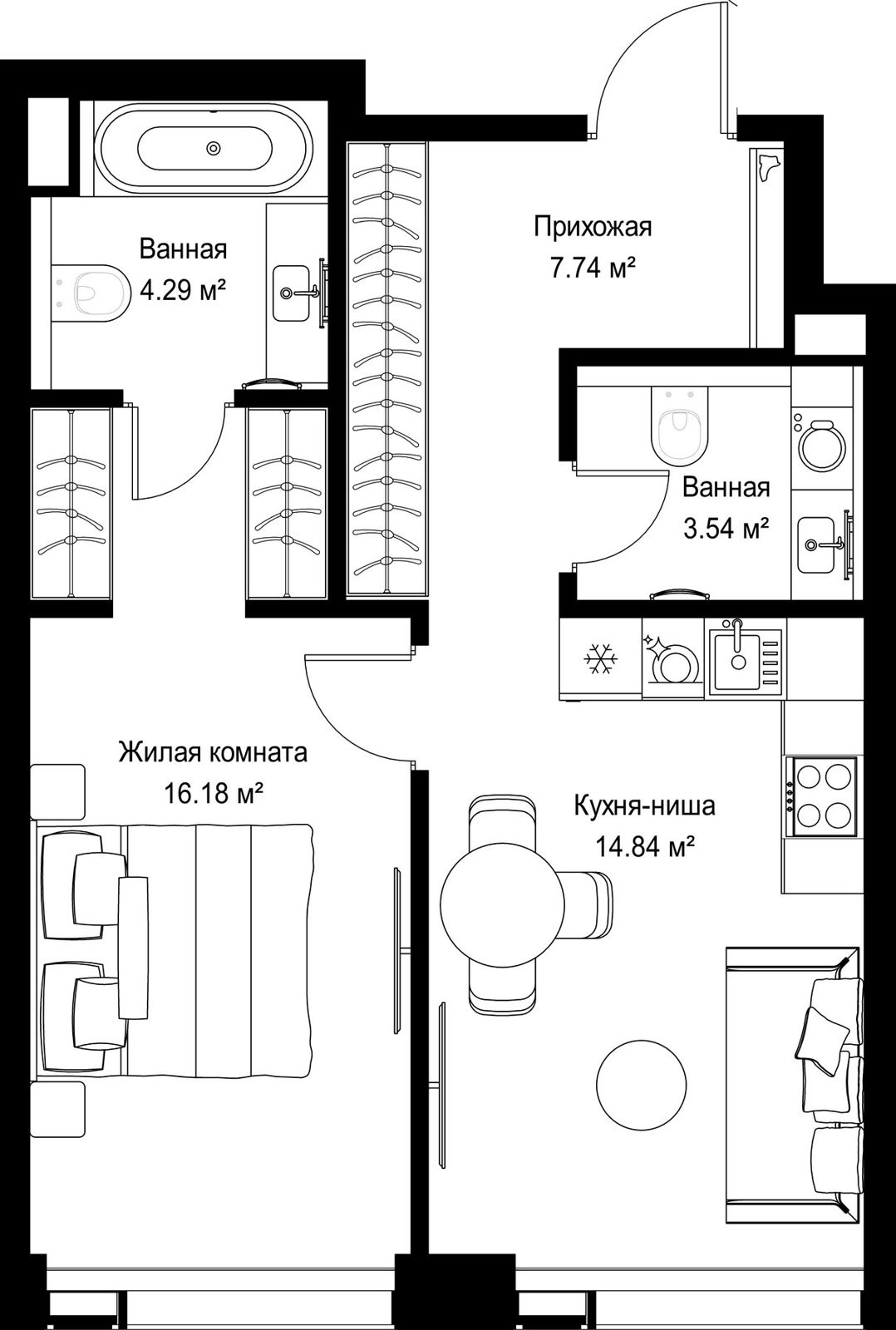1-комнатная квартира, 46,6 м²