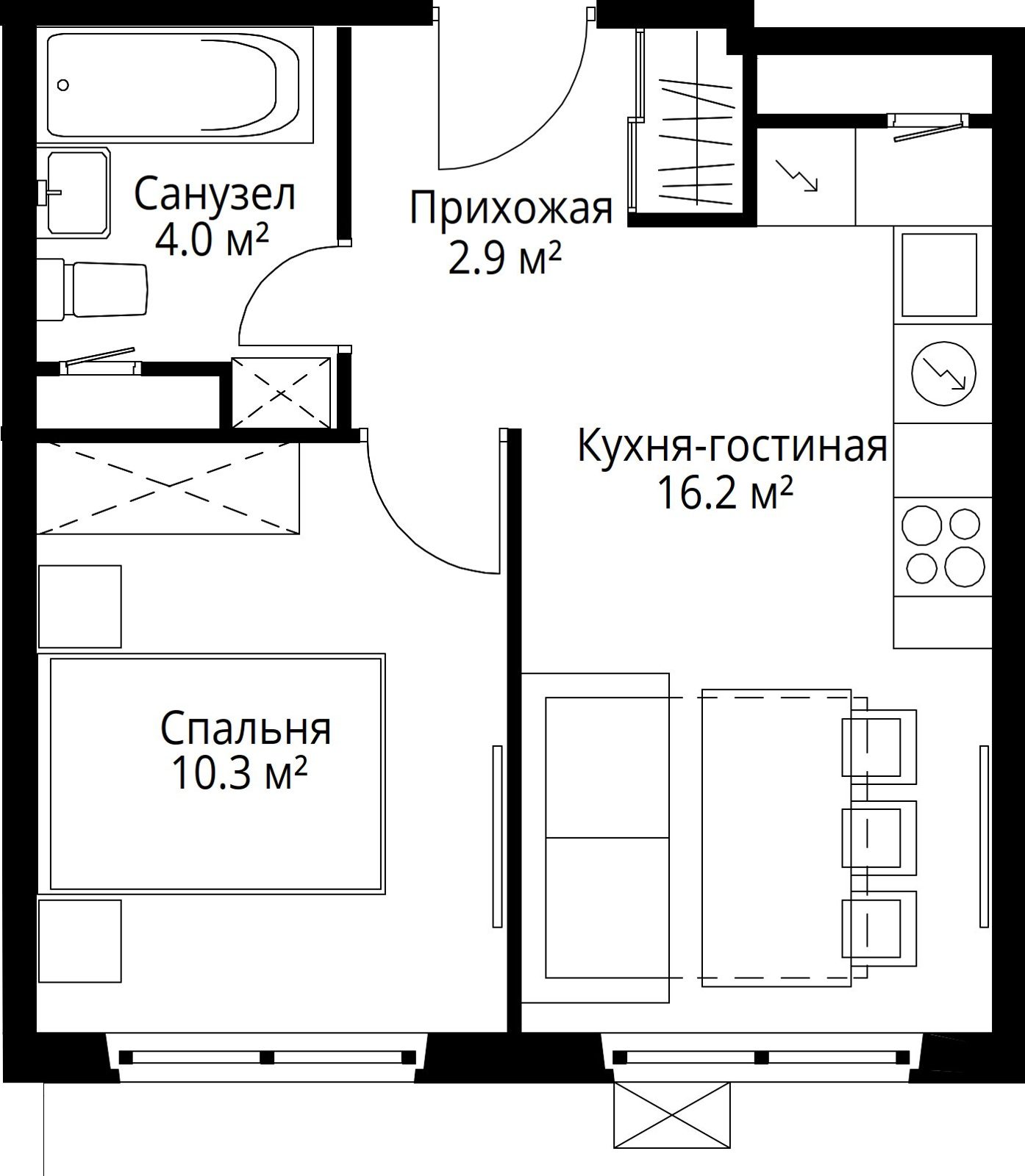 1-комнатная квартира, 33,4 м²