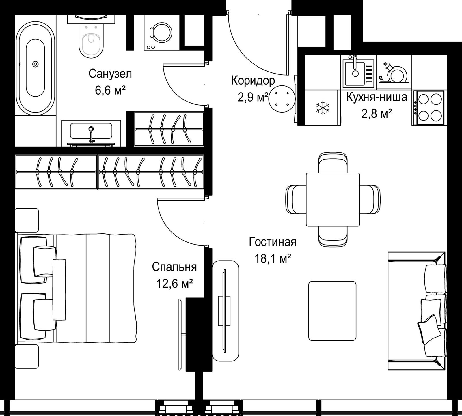 1-комнатная квартира, 43 м²