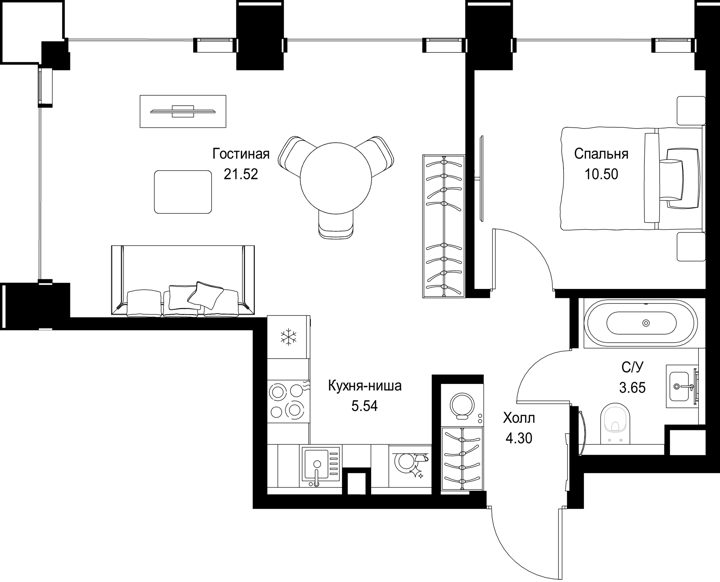 1-комнатная квартира, 45,4 м²