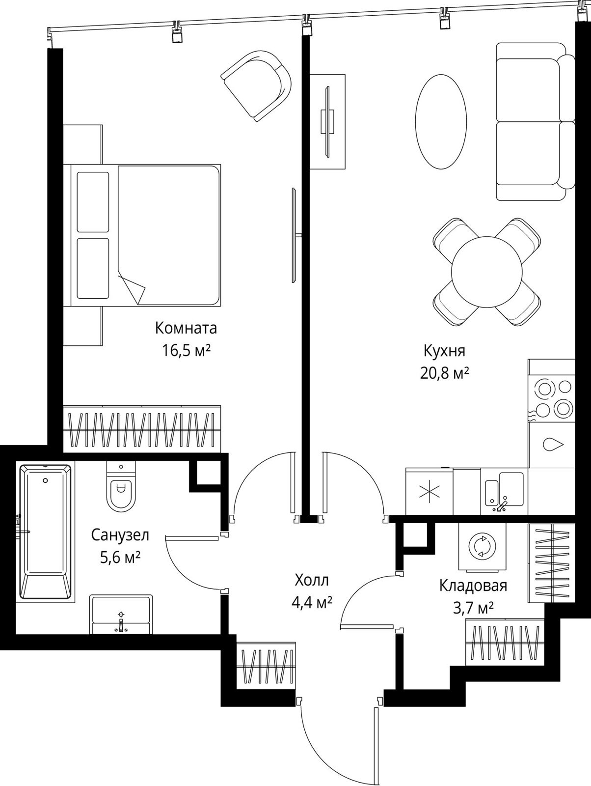 1-комнатная квартира, 51 м²