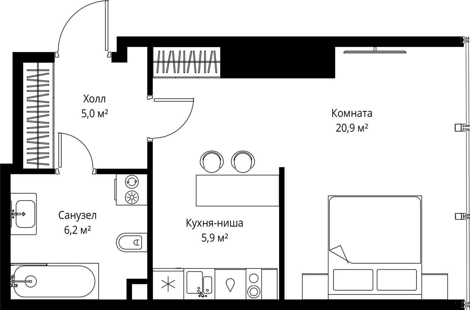 Квартира-студия, 38 м²