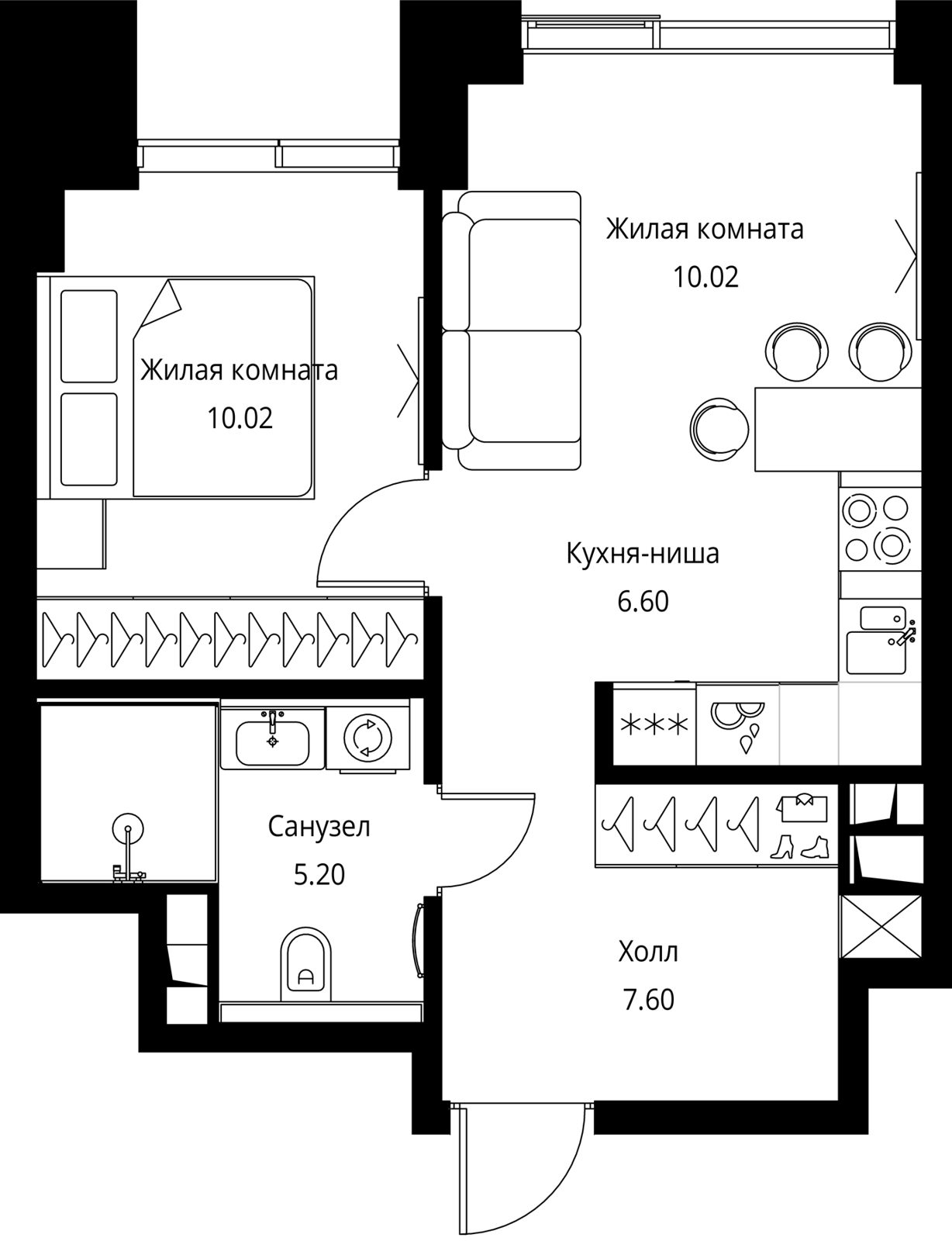 1-комнатная квартира, 39,4 м²
