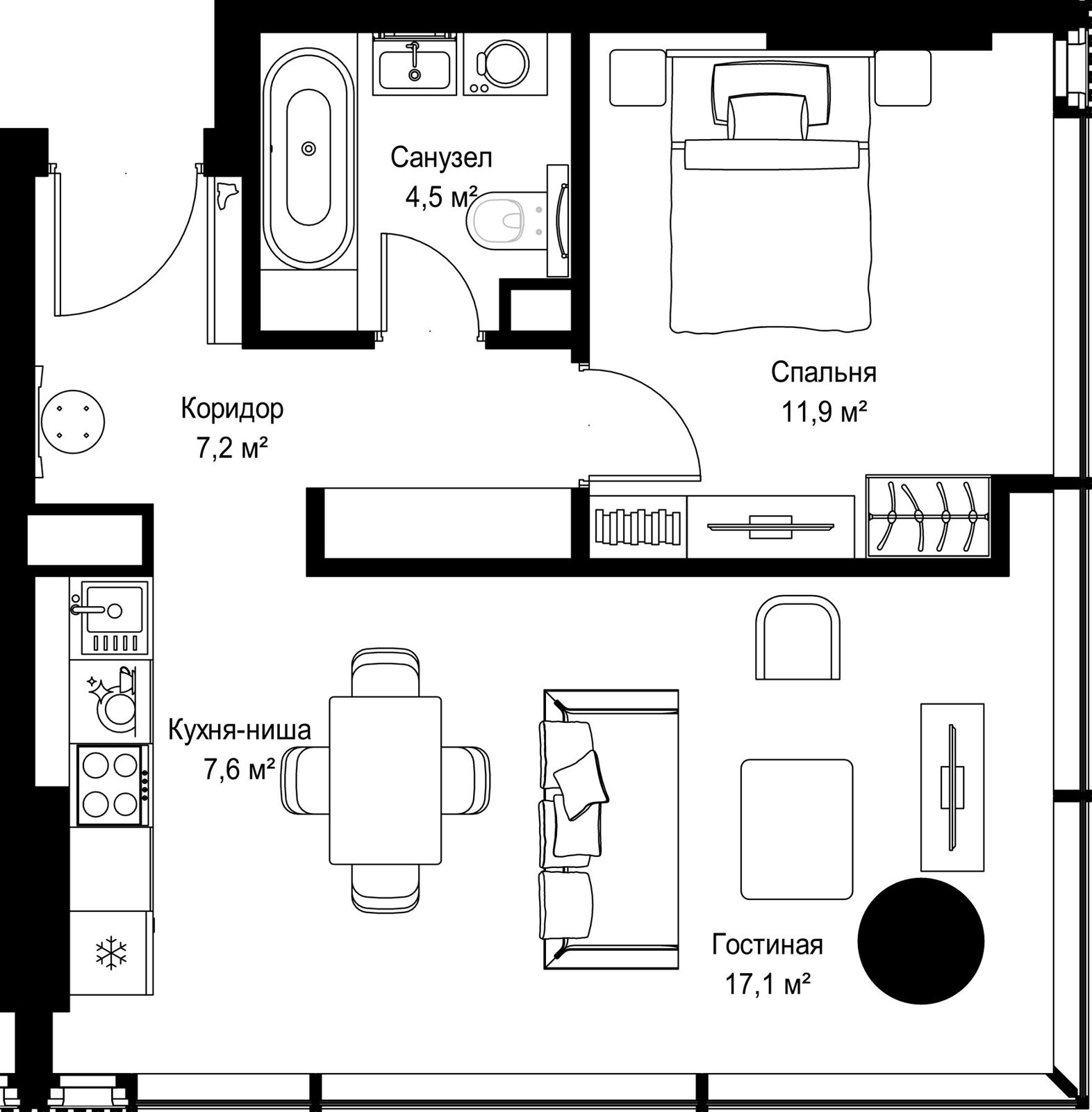 1-комнатная квартира, 48,3 м²