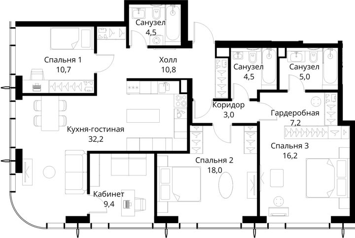 3-комнатная квартира, 121,5 м² — фото 1