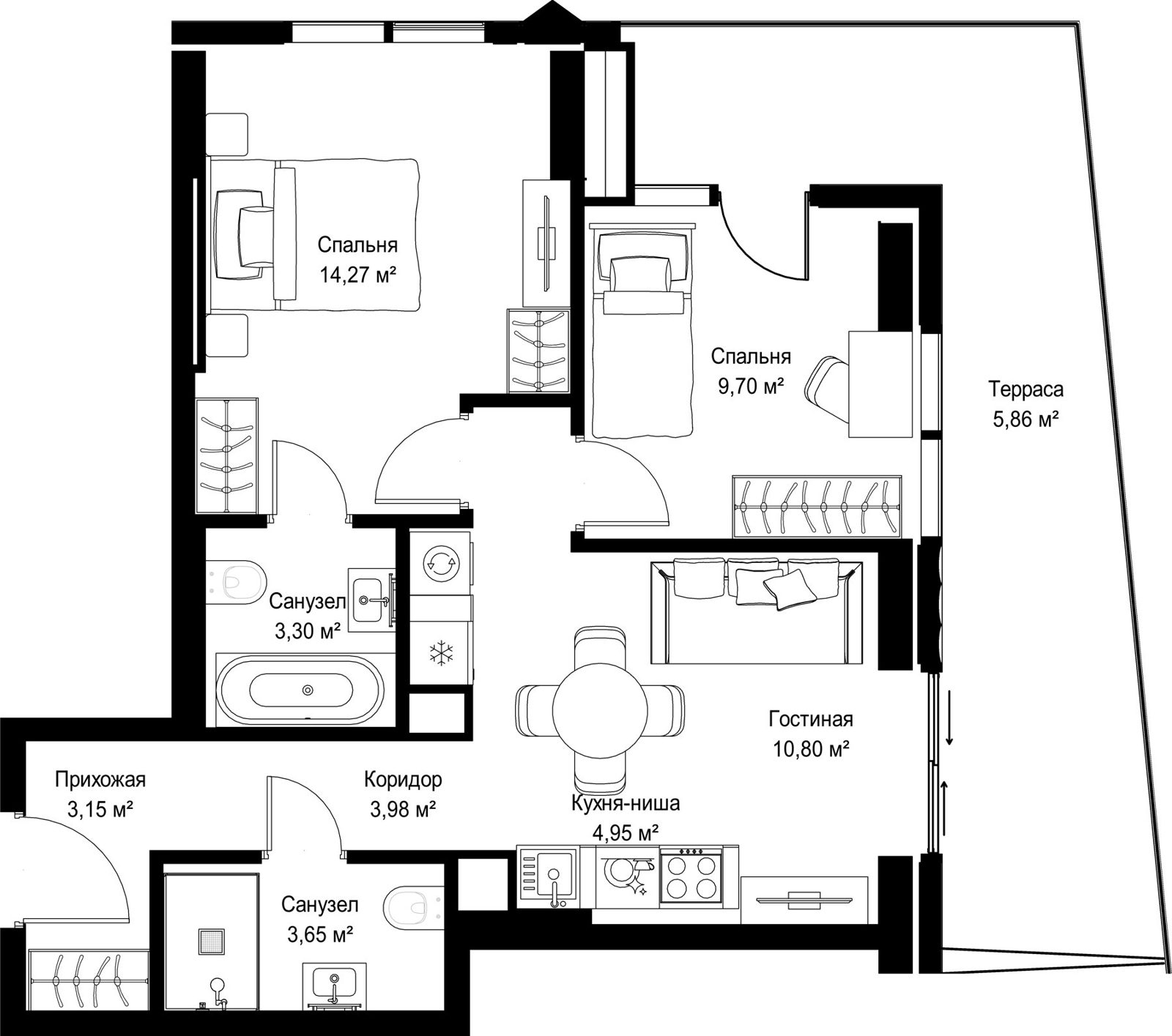 2-комнатная квартира, 59,7 м²