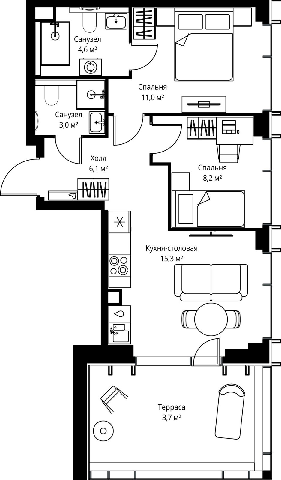 2-комнатная квартира, 51,9 м²