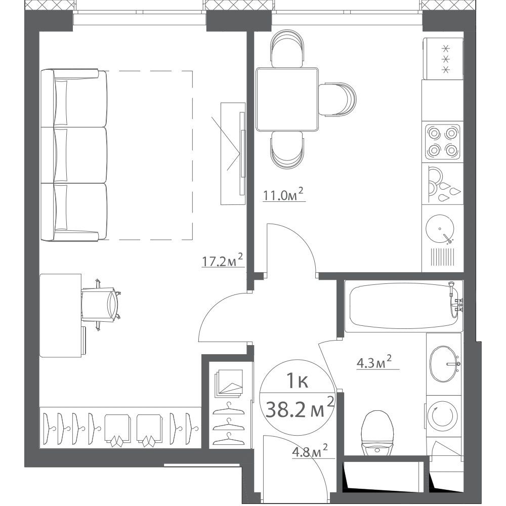 Квартира-студия, 38,2 м²